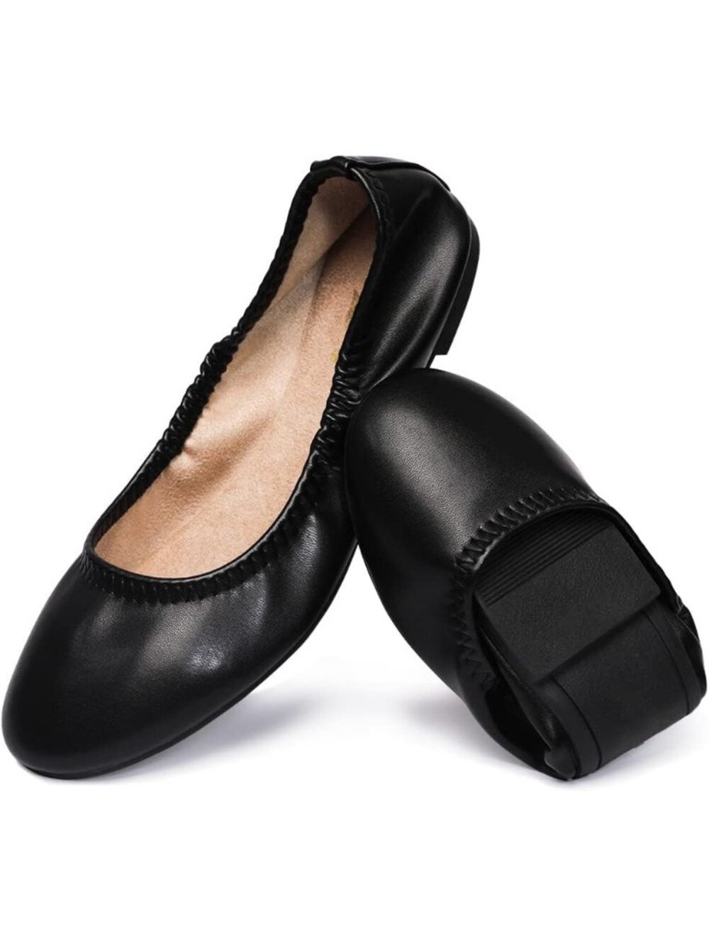 Women's Black Faux Leather Foldable Ballet Flats Round Toe Slip On Travel Shoes